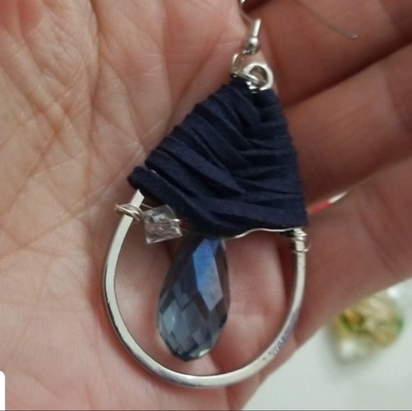 3/30 Leather crystal teardrop earrings owlheartinc double crystal - Picture 2 of 8